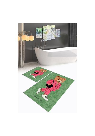 Buççin Online Mağaza Dijital Baskılı Kaymaz Taban Yıkanabilir İkili Banyo Takımı Klozet Takımı Polyester Yeşil Çok Renkli