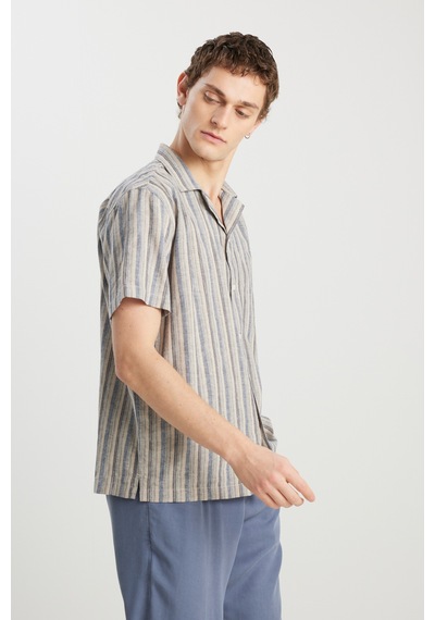 Wrangler Relaxed Fit Geniş Kesim Pamuk Keten Karışımlı Çizgili Gömlek Indigo Stripe