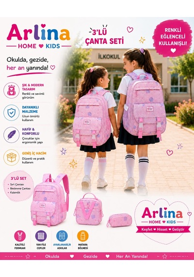 Kore Model 3 Lü Set Su Geçirmez Kız Çocuk Çantası Pembe Çanta-beslenme-kalemlik Seti