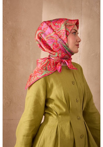 Silk Home Twill İpek Eşarp 11473-24 Pembe, Kırmızı, Biskay Yeşili
