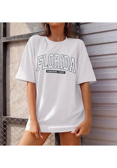 Bisiklet Yaka Baskılı T-shirt - Beyaz Beyaz