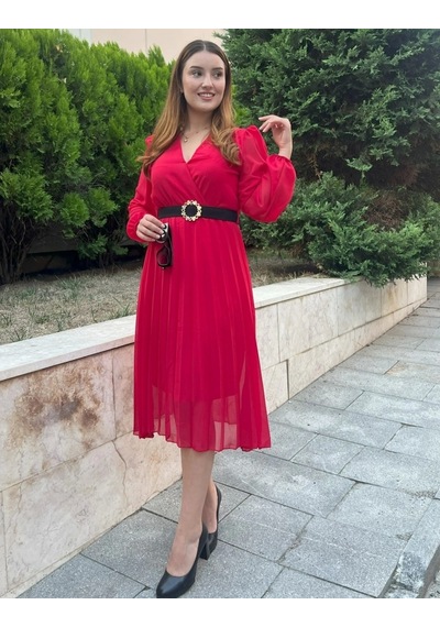 Defymoda Kadın Şifon Kumaş Astalı Kloş Kesim Kruvaze Yaka Midi Boy Elbise Kırmızı