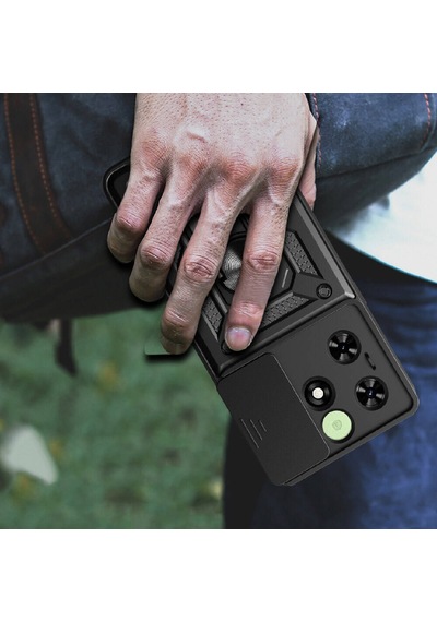 Tecno Spark 20 Kılıf Sürgülü Kamera Koruyucu Manyetik Standlı Tank Koruma Celikaksesuar Siyah