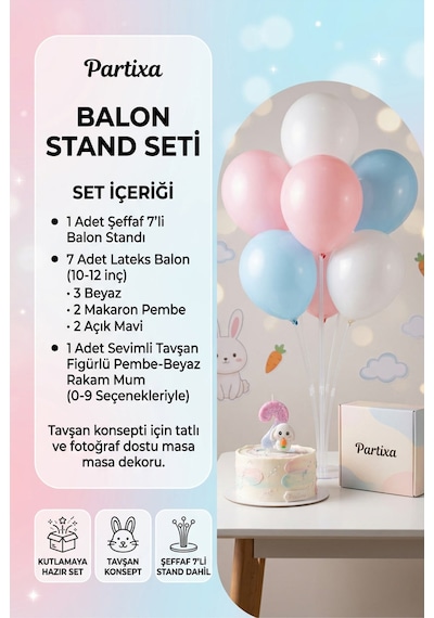 Tavşan Temalı Pembe Beyaz Rakam Mum Ve Balon Standı Seti - Kız Çocuk Doğum Günü Parti Süsleri 0-9 Yaş 1 - 12 Yaş