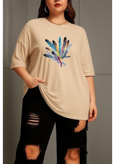 Büyük Beden Renkli Kuş Tüyü Baskılı Unisex Tişört Taş