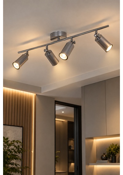 Spoti Sarı Işık Modern Salon - Mutfak - Cafe Tasarım Gri Renk Spot Gün Ledli Sıralı 4 Lü Avize Gri Gri