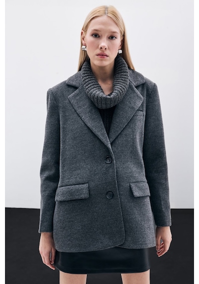 Sateen Düğmeli Kaşe Ceket - Siyah-135414 Siyah