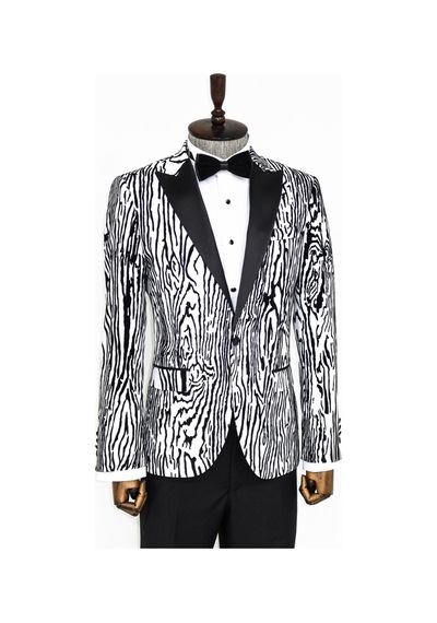Wessi Slim Fit Zebra Desen Erkek Smokin Ceket - Beyaz