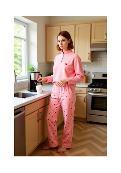 Ersefa Kadın Kiraz Desenli Fermuarlı Waffle Pijama Takımı Uzun Kollu Fon Pembe