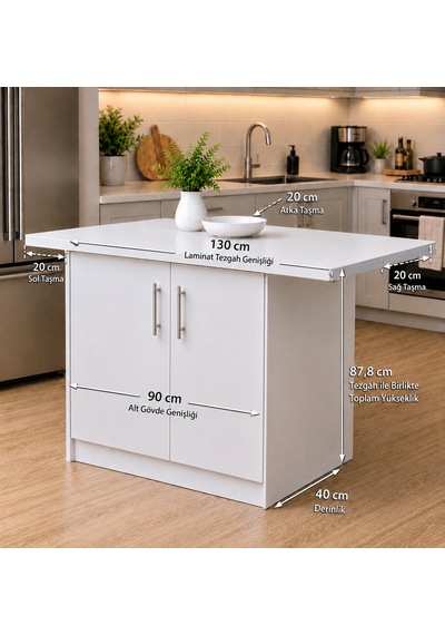 Tork Mutfak 2 Kapaklı Mutfak Adası-alt Modül 130 Cm - Çok Amaçlı Dolap -beyaz Laminat Tezgah Dahil Tork Mutfak 2 Kapaklı Mutfak Adası-alt Modül 130 Cm - Çok Amaçlı Dolap -beyaz Laminat Tezgah Dahil