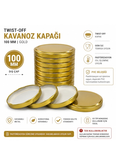 10 Adet 100 Mm Kavanoz Kapağı Sızdırmaz Gold Kavanoz Kapağı