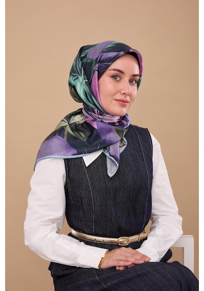 Silk Home Twill İpek Eşarp - 11480-70 Mor Yeşil Çok Renkli
