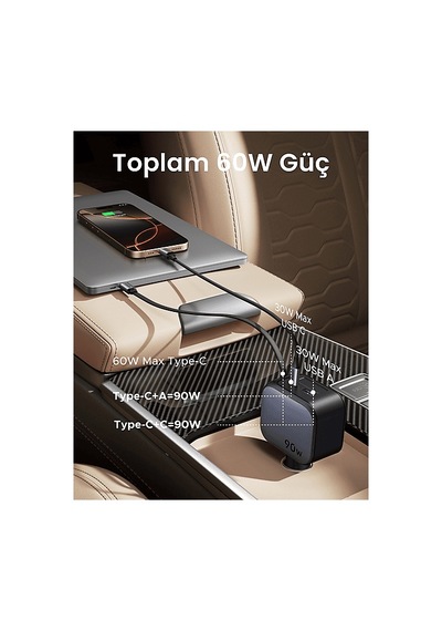 Ugreen 90w 2x Usb-c, 1x Usb-a Port Usb-c Makaralı Dahili Kablolu Hızlı Araç Çakmaklık Şarj Cihazı