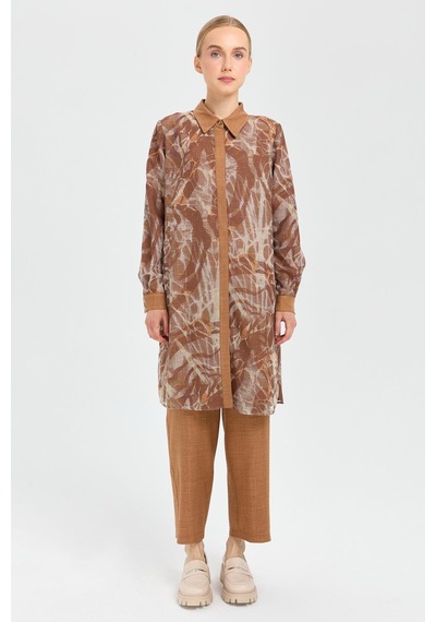 Esswaap Desenli File Kumaş Tunik Pantolon Takım Camel Kahverengi