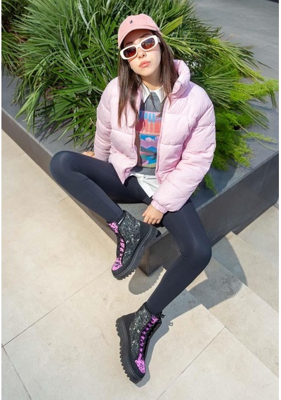 Kadın Vegan Siyah Uzun Bot - Doodle Camo Tasarım Multicolor