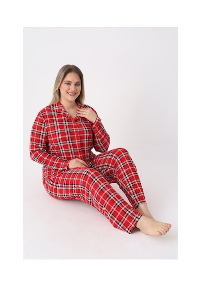 Estiva Kadın Kareli Kırmızı Önden Düğmeli Soft Battal Pijama Takımı Çok renkli