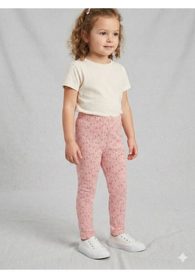 İncili Pembe Kedi Baskılı Penye Kız Çocuk Tayt Pembe