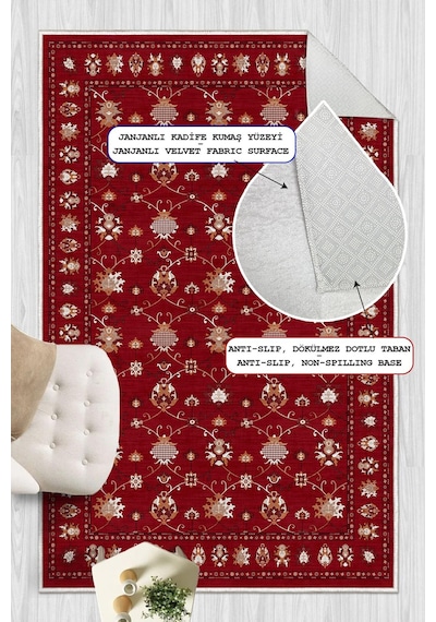 Dijital Baskılı Renkli Kilim Desenli Kaymaz Taban Yıkanabilir Halı Bordo