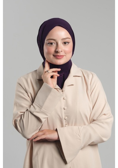 Hürrem Bone Mürdüm Pratik Hazır Geçmeli Tesettür Eşarp Sandy Arkadan Çıtçıtlı Piliseli Hijab 2406 07 MÜRDÜM