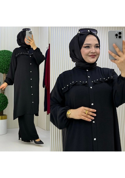 Nevayla Moda Alt-üst Aerobin Ön Taş Detaylı Takım / T105 - Siyah Siyah