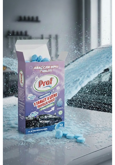 Praf Araç Cam Suyu Tableti 12 Adet 1 Tablet 4 Litre Oto Silecek Suyu Temizleyici Konsantre