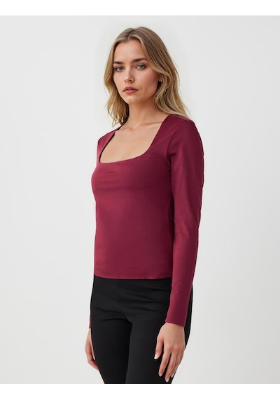 Jimmy Key Bordo Kare Yaka Dar Kesim Uzun Kollu Örme Bluz 5ww035899562