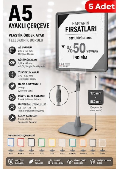 5 Adet - A5 Ayaklı Çerçeve Seti Plastik Ördek Ayak Teleskopik Borulu Fiyat Etiketliği Yönlendirme Levhası Menü Panosu Gri