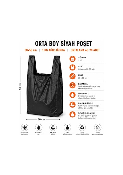 Siyah Atlet Market Manav Çöp Orta Boy Poşet 1 KG Dayanıklı Sızdırmaz Ev ve İş Yeri Çöp Torbası