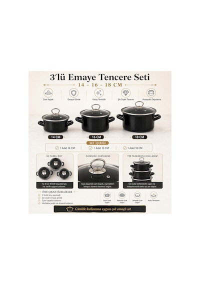 Auren Objects 3 Lü Siyah Emaye Tencere Seti Cam Kapaklı 14-16-18 Cm