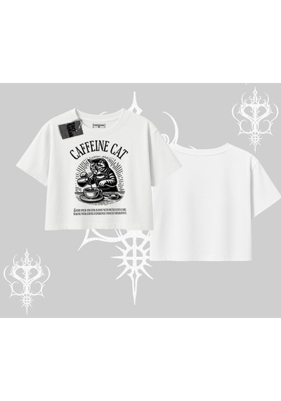 Startmore Startmore Oversize Crop Tshirt Caffeine Cat Kahve Temalı Kedi Baskılı Beyaz