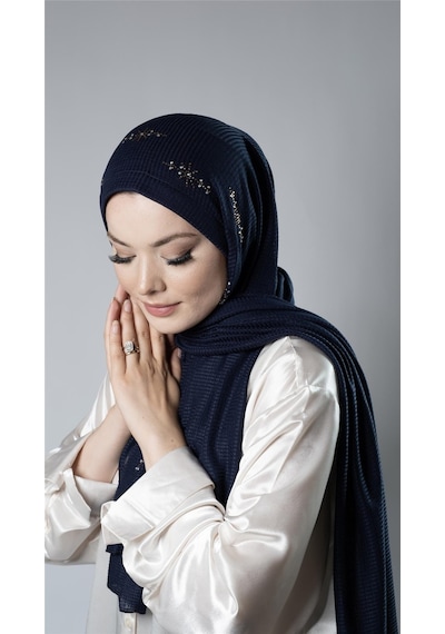 Hürrem Bone Lacivert Pratik Hazır Geçmeli Tesettür Şal Örme Kumaş Taşlı Yıldız Desenli 2118y 02