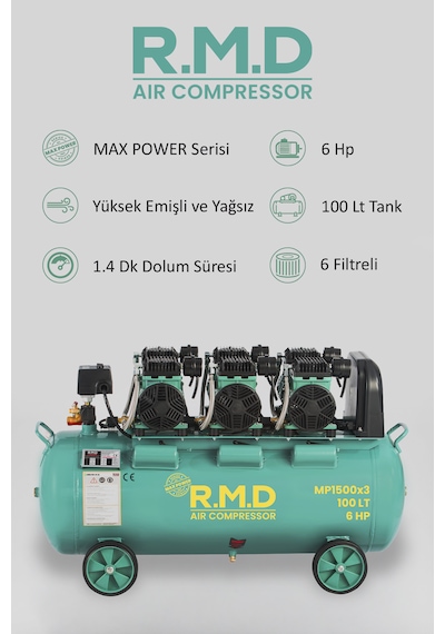 R.m.d Kompresör 100 Lt Yüksek Emişli Yağsız Teknoloji Hava Kompresörü Imp1500x3ı