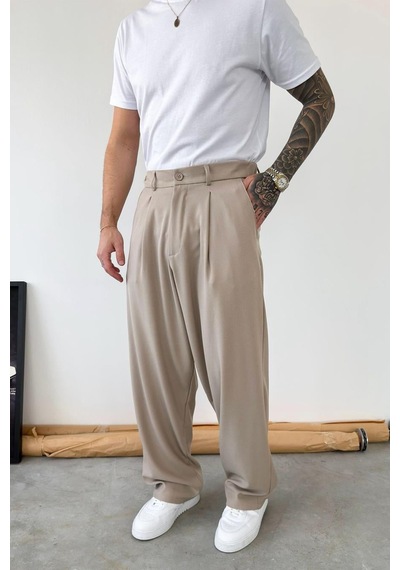 Bej Pileli Baggy Kumaş Pantolon