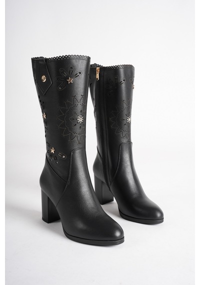 Analin Shoes Kadın Hakiki Deri Yıldız Ve Lazer Kesim Detaylı Topuklu Çizme Siyah