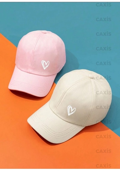 Caxis Spor 2'li Takım Kalp Baskılı Ayarlanabilir Çırtlı Gabardin Şapka Krem - Toz Pembe