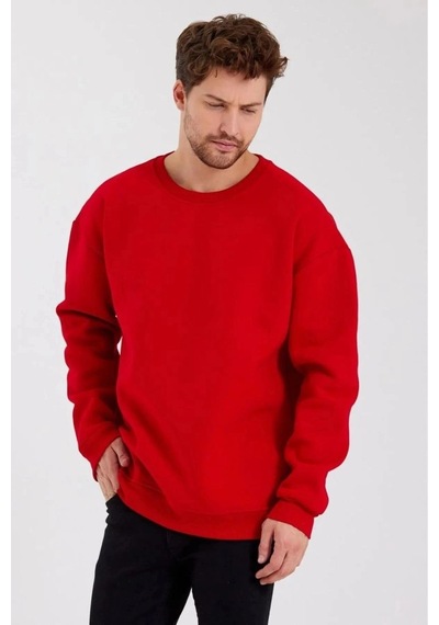 Freedom Storee Erkek Bisiklet Yaka Üç İplik Sweatshirt- Kırmızı Çok Renkli