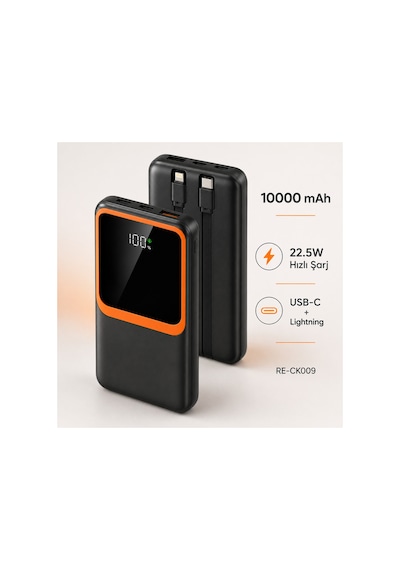 10000 Mah 22.5w Hızlı Şarj Powerbank Dahili Type-c Ve Lightning Kablolu Dijital Göstergeli- Re-ck009 Diğer