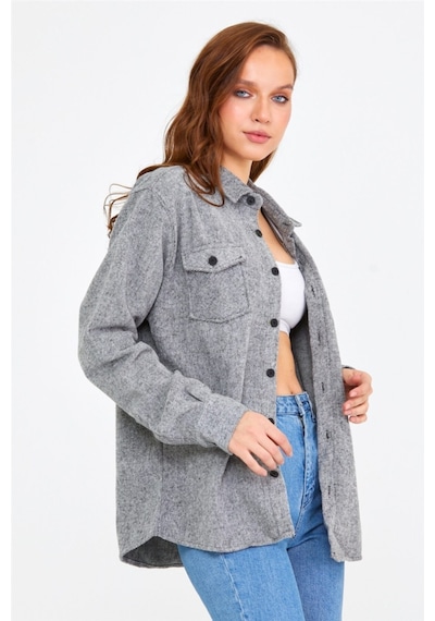 Tarz Cool Kadın Gri Slim Fit Cepli Düz Oduncu Gömlek-kkkodg001r10s Gri