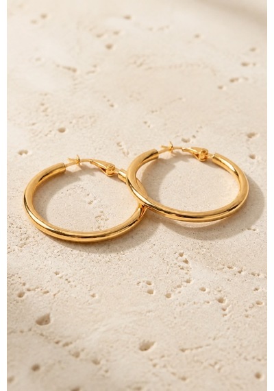Gold Renk 28 Mm Çelik Düz Klasik Halka Küpe - Minimalist Klipsli Halka Küpe
