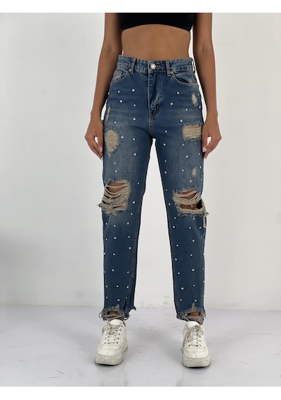 Miss Poem Kadın Taş Detaylı Lacivert Denim Kot Pantolon Lacivert