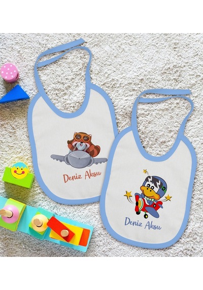 Bk Kids Kişiye Özel Sevimli Pilot Tasarımlı 2 Li Mavi Mama Önlüğü Mavi