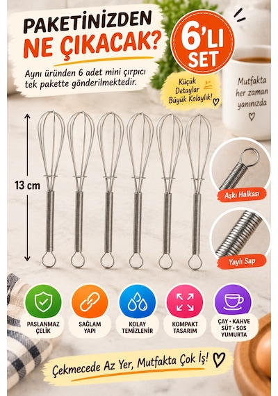 6'lı Mini Çırpıcı Seti 13 Cm Paslanmaz Çelik Çay Kahve Yumurta Sos Karıştırıcı Yaylı Mutfak Çırpıcı Gümüş