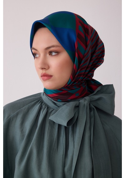 Belli Geometrik Desen %100 Twill İpek Eşarp Be01-81 Bordo