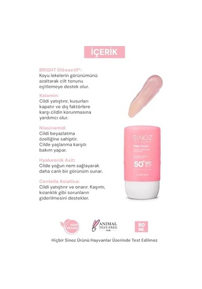 Ayrex Sinoz Pink Touch Anında Ton Eşitleyici Leke Karşıtı Spf50+ Pembe Sıvı Yüz Güneş Kremi Pa++++ 50ml