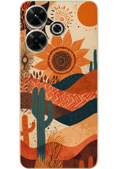 Redmi 13 Uyumlu Etnik Güneş Ve Mandala Figürlü Toprak Tonları Baskılı Silikon Kılıf Renkli