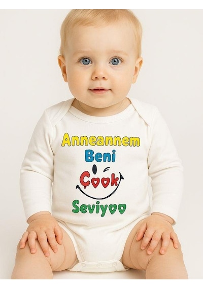 Zekids Bebek Anneannem Beni Çok Seviyor Yazılı Pamuklu Uzun Kol Çıtçıtlı Body-16096 Ekru