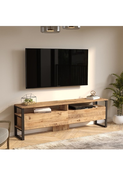 El19 Elanor 180cm Metal Tv Ünitesi Tv Sehpası 2 Kapaklı Ela19-a Atlantik Çam