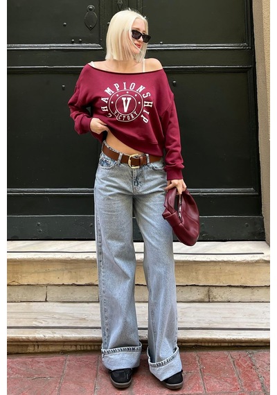 Bordo Kayık Yaka Baskılı Kadın Sweatshirt Mg2205