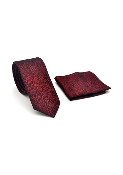 Gaffy Şal Desenli Bordo Dokuma Kumaş Mendilli Slim Fit Kravat // Sdk-2508-3 Bordo