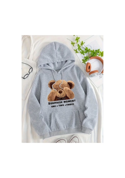 Medinenur Surprıse Baskılı Yumuşacık İçi Yünlü Sweatshirt Gri
